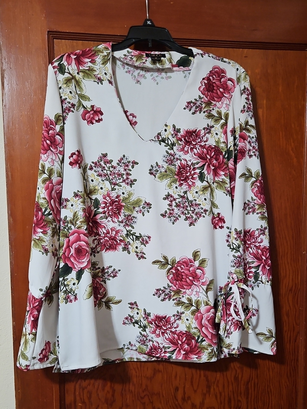 Iman Pink Floral Rose Bell Tie Sleeve Top Blouse Size M